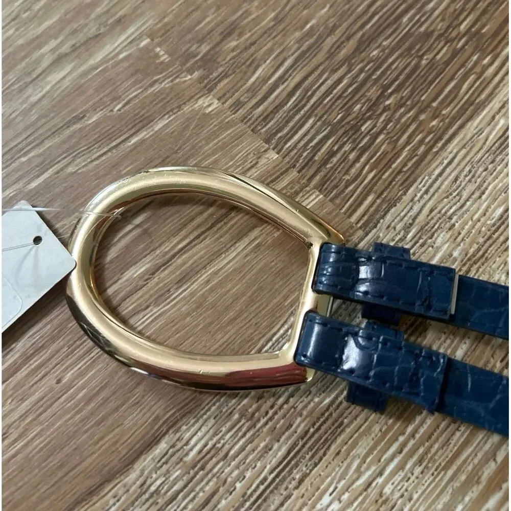 Anthropologie Navy Croc Embossed Adjustable Hip Ring Belt Gold Buckle NWT XS/S
